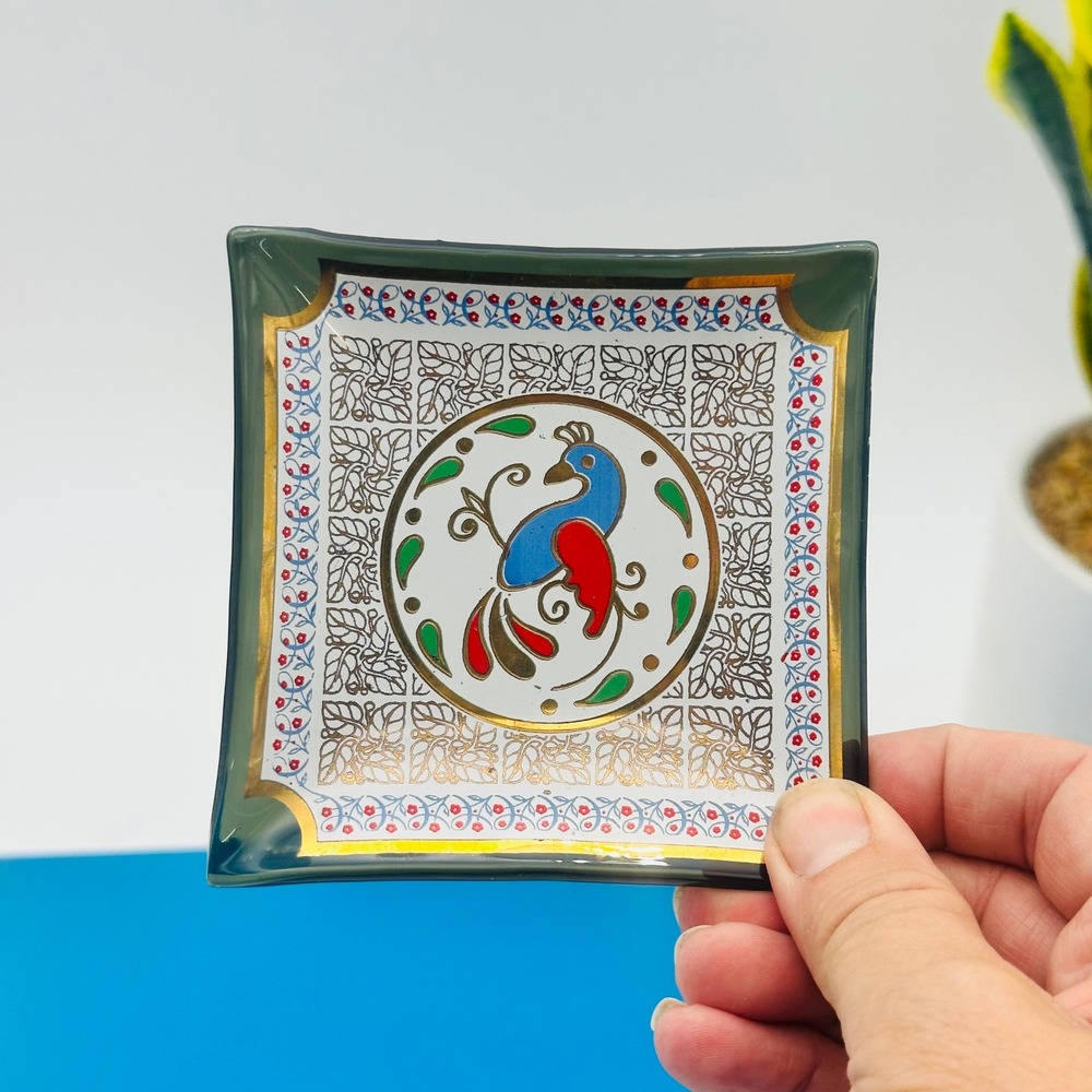 Vintage Houze Art Peacock Bird Glass Trinket‎ Dish Smoked Glass Gold Tray
